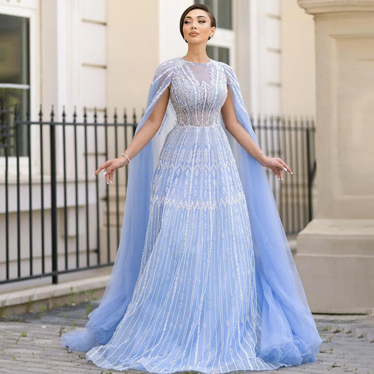 Luxury Blue A-Line Evening Dress with Beaded Cape Sleeves LA72666