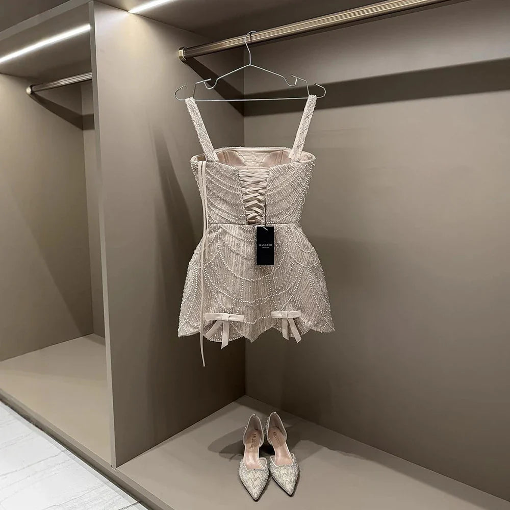 Luxury Nude Pearl Beaded A-Line Mini Evening Dress LA73211