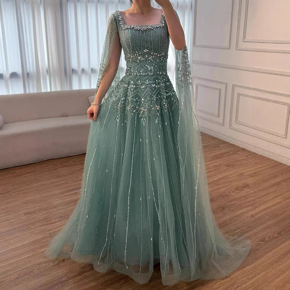 Luxury Caramel A-Line Beaded Evening Dress with Cape Sleeves LA73089A