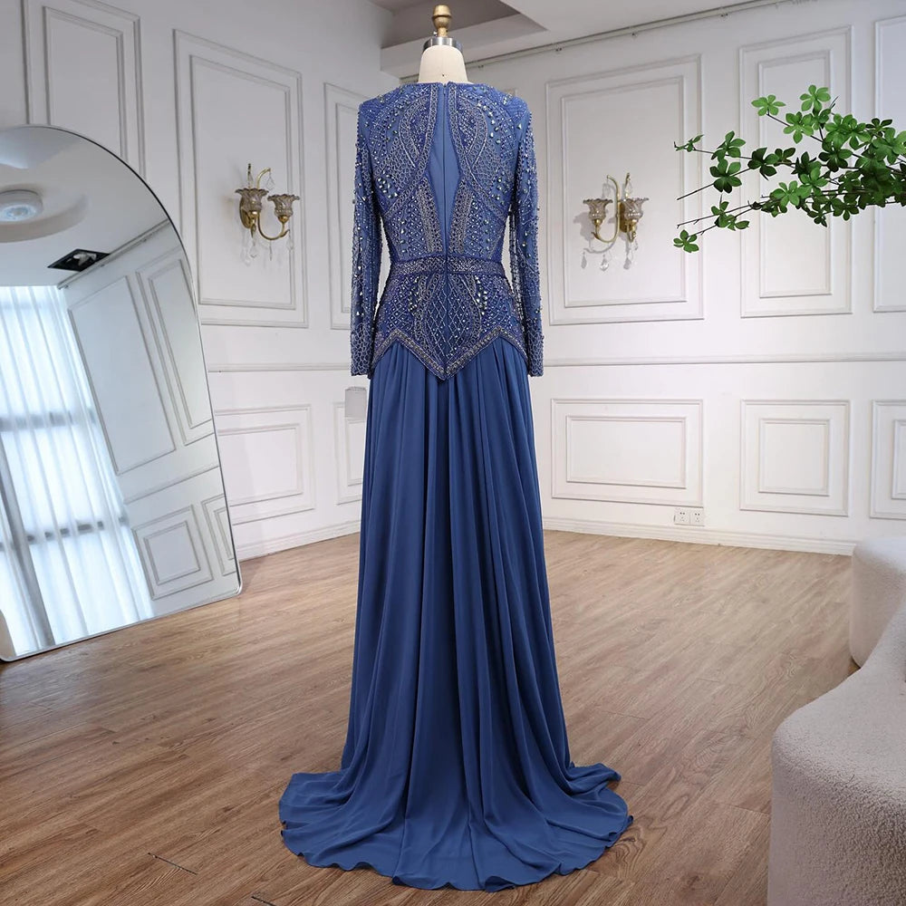 Luxury Designer  Blue Beaded Evening Dress with Long Sleeves LA72962