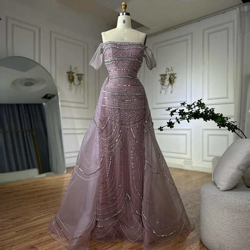 Luxury Pink Mermaid Beaded Evening Gown with Detachable Satin Overskirt LA72781