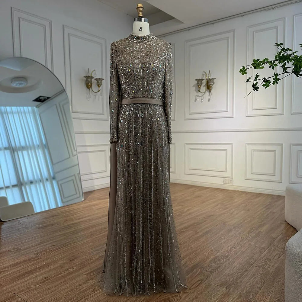 Modest Luxury Caramel Beaded Long Sleeve Evening Dress LA72569A