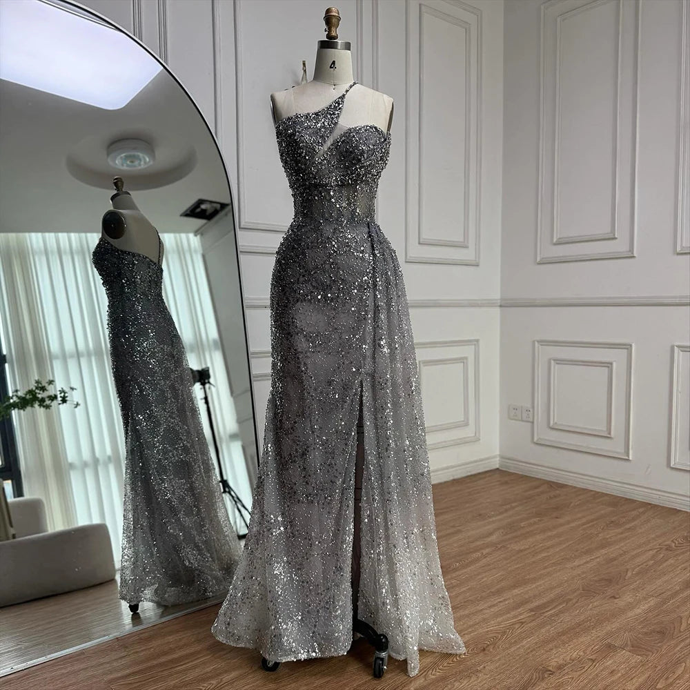 Luxury Silver Gray Crystal Beaded One Shoulder Evening Dress with Overskirt LA73160