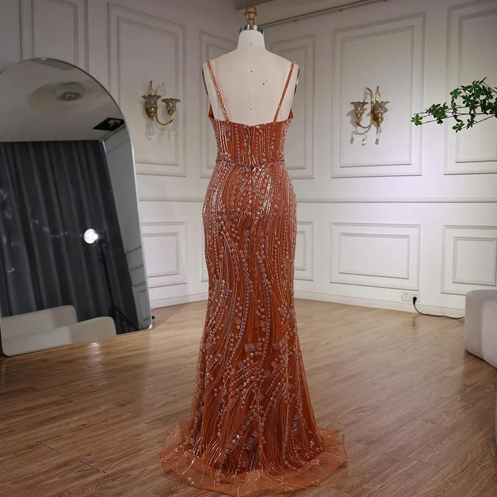 Orange Beaded Mermaid Evening Dress with Slit Spaghetti Straps LA72542