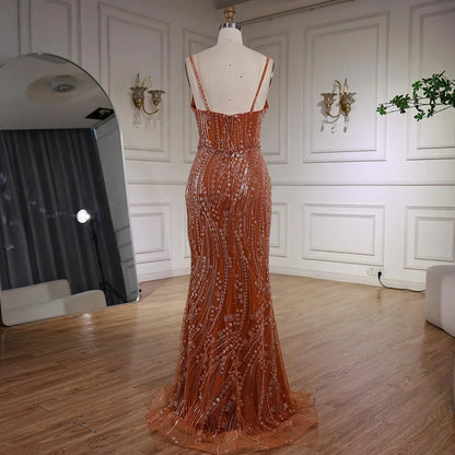 Orange Beaded Mermaid Evening Dress with Slit Spaghetti Straps LA72542