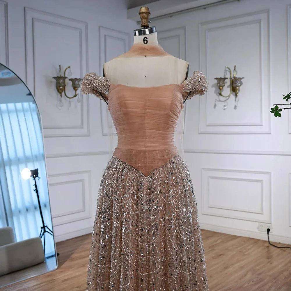 Luxury  Arabic  Pink Pearls  Evening Dress  With Cape LA72922