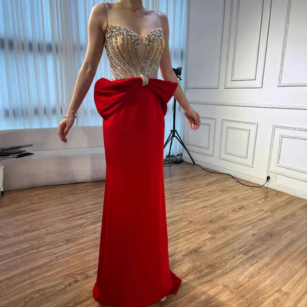 Luxury Red Satin Evening Dress with Bow Designer Gown LA73060