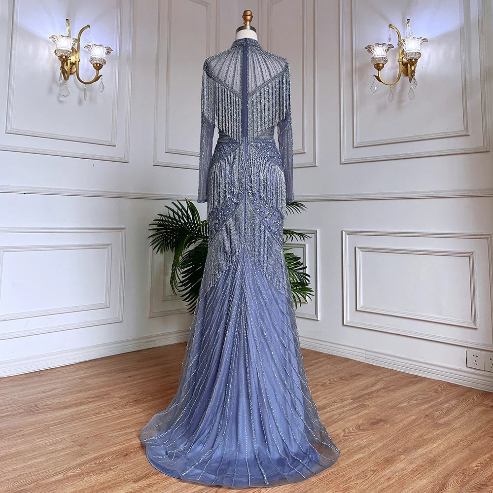 Luxury Blue Beaded Tassel Mermaid Evening Dress Dubai Style LA71986