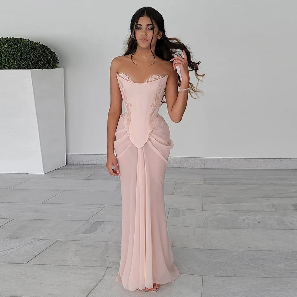 Luxury Pink Handmade Chiffon Mermaid Evening Gown LA72946