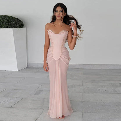 Luxury Pink Handmade Chiffon Mermaid Evening Gown LA72946