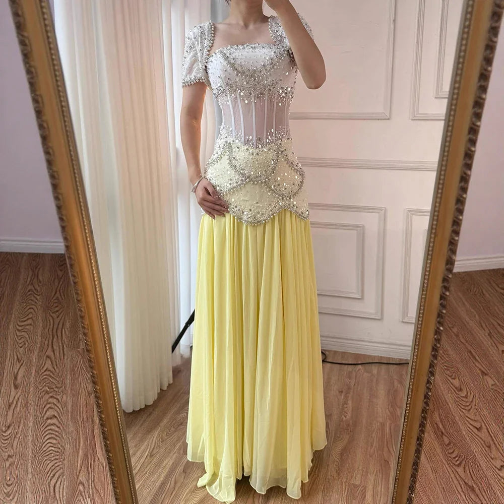Luxury Yellow Pearls A-Line Evening Dress with Flowing Coat LA72978