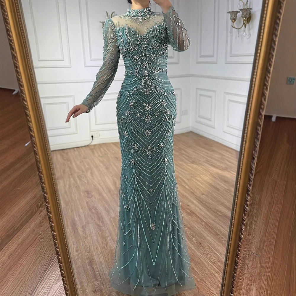 Luxury Pink Beaded Mermaid Evening Dress Long Sleeve LA73158