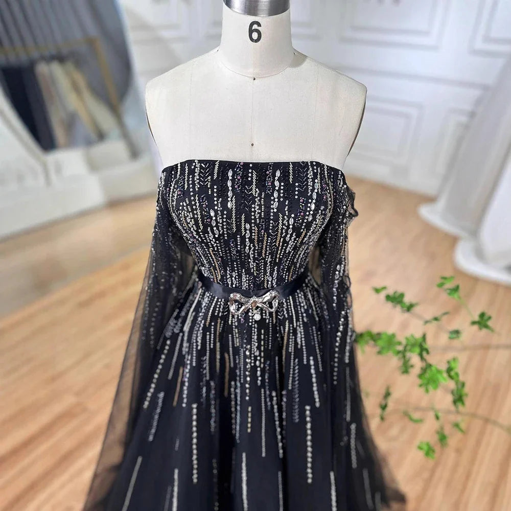 Luxury Black A Line Beaded Evening Dress with Cape Sleeves LA71824