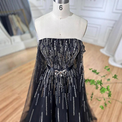 Luxury Black A Line Beaded Evening Dress with Cape Sleeves LA71824
