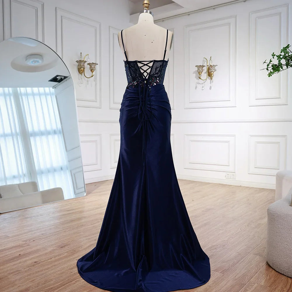 Luxury Navy Satin Prom Dress with Lace Beaded and Slit LA73003