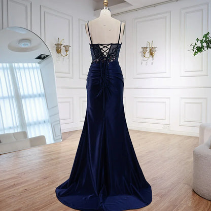 Luxury Navy Satin Prom Dress with Lace Beaded and Slit LA73003
