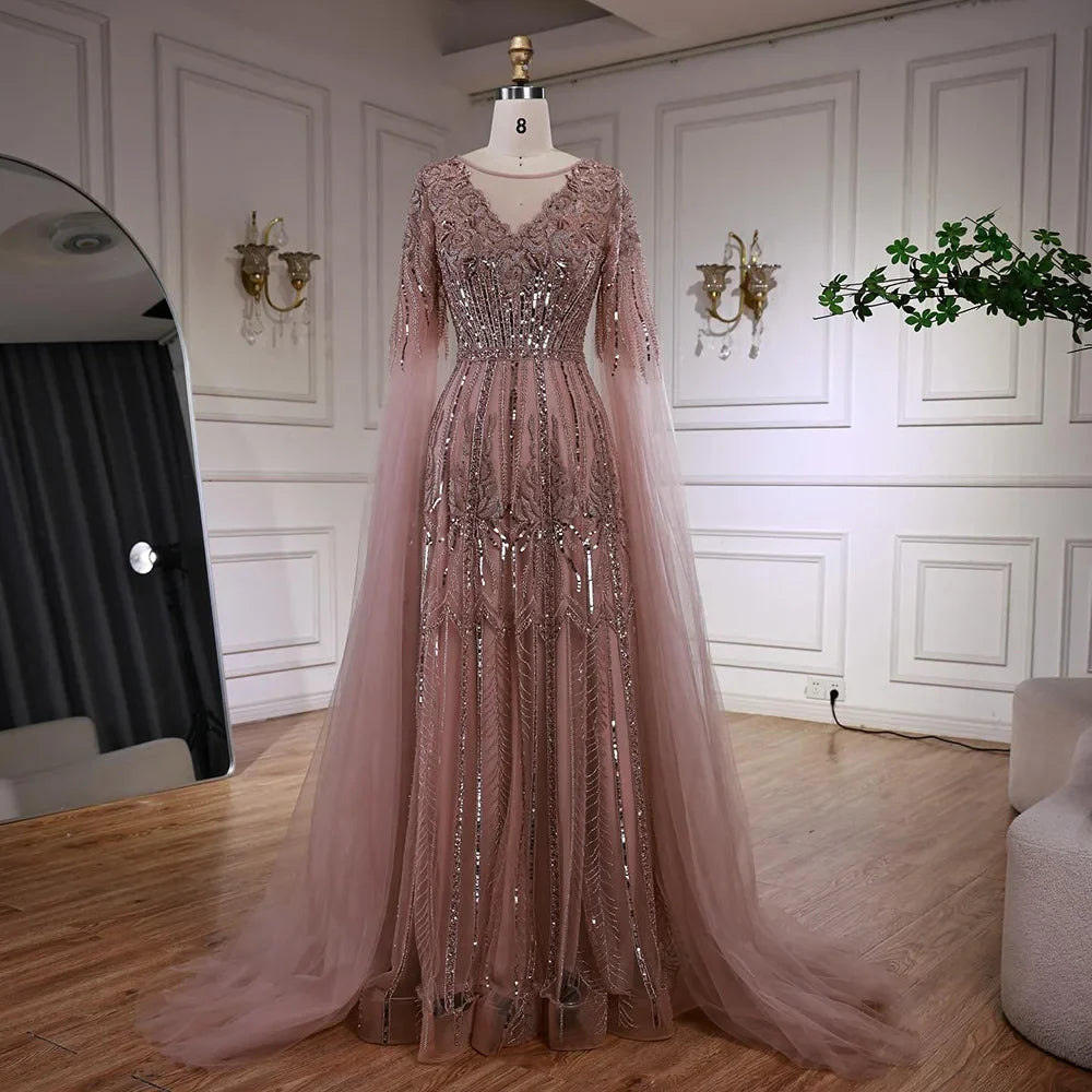 Rose Gold Beaded A-Line Evening Dress with Cape Sleeves LA73056