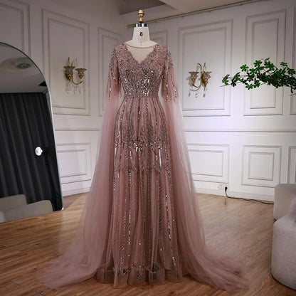 Rose Gold Beaded A-Line Evening Dress with Cape Sleeves LA73056