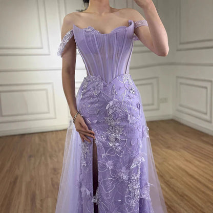 Lilac Off Shoulder   Beaded High Slit Tulle Gown LA72874