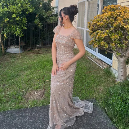 Luxury White Mermaid Square Neck Short Sleeves Evening Dresses LA72714