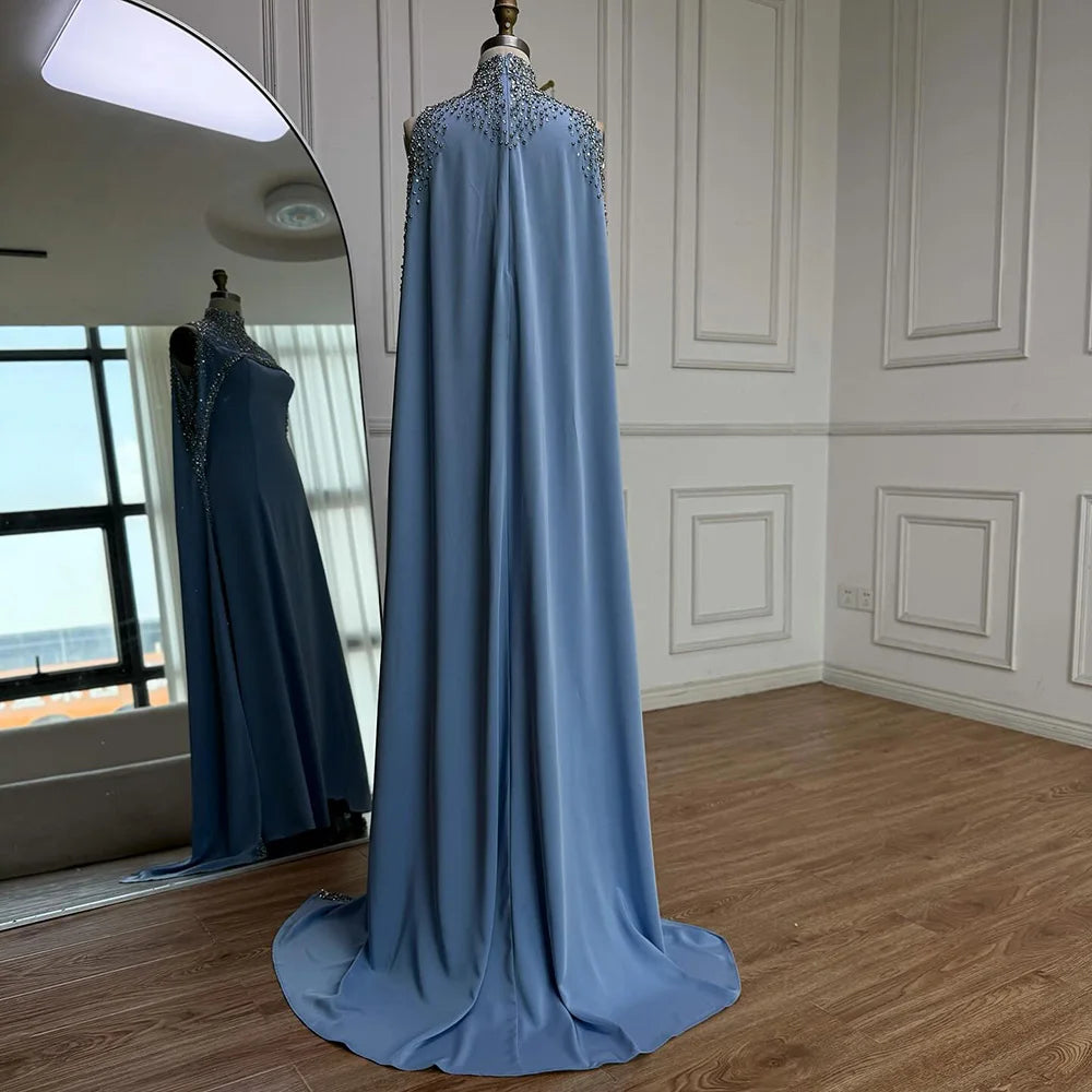 Elegant Blue High Neck Evening Dress with Crystals and Long Cape LA73068