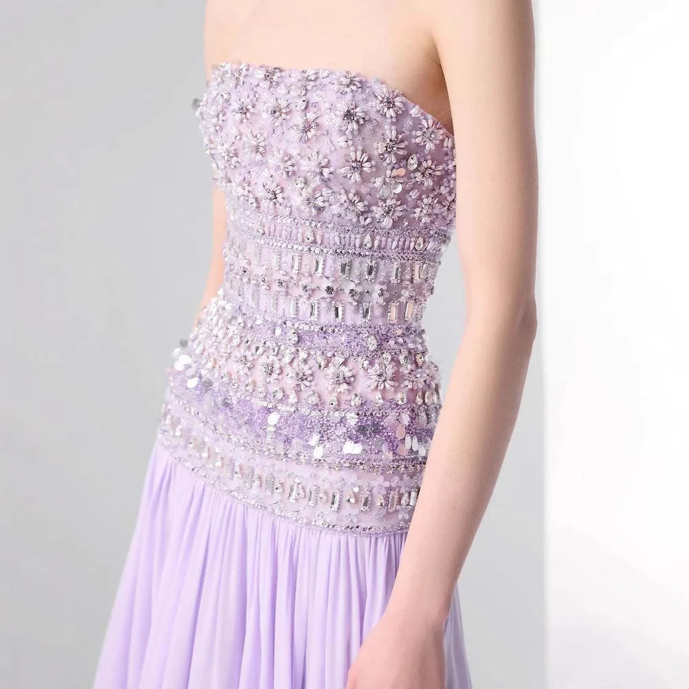 Lilac Strapless Beaded A Line Arabic Evening Dress LA73044