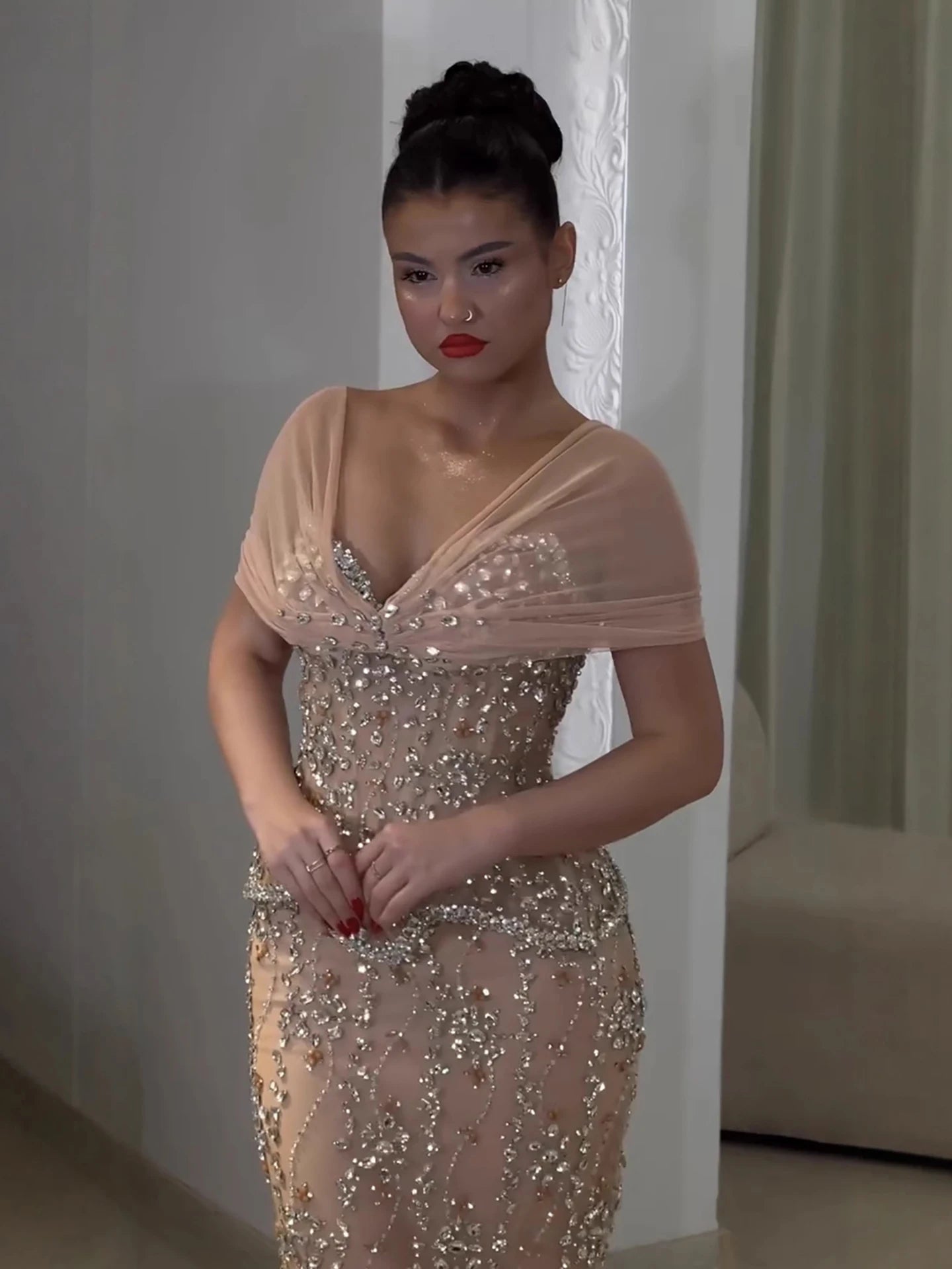 Luxury Nude Beaded Mermaid Evening Dress LA73336