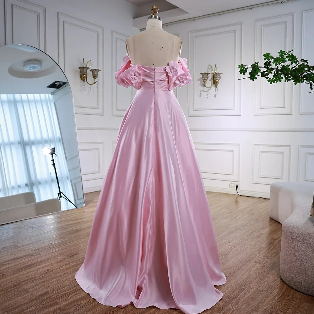 Luxury Pink Satin A Line Off Shoulder Arabic Evening Dress LA73036