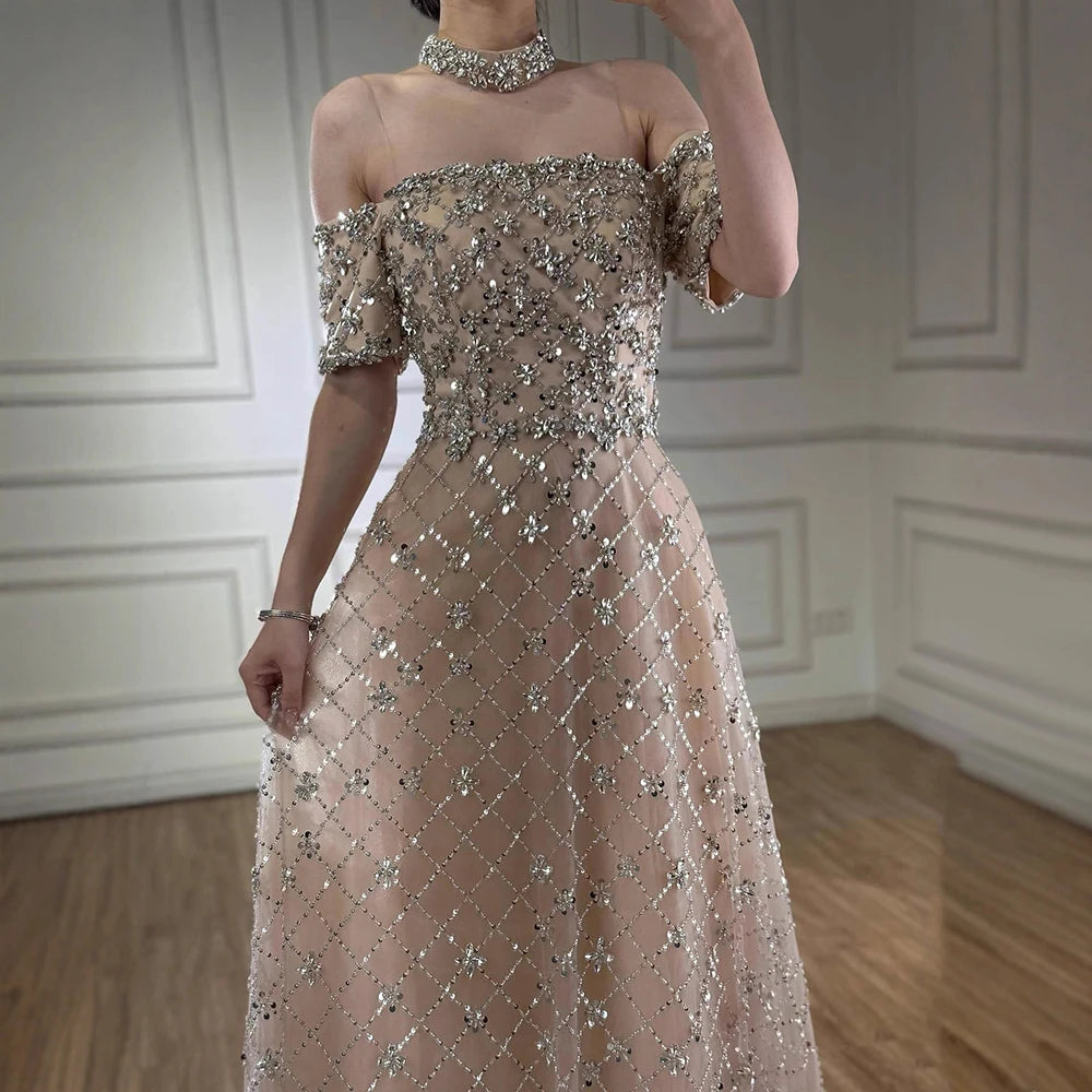 Luxury Nude Sliver Off Shoulder Beaded Crystal A-Line Evening Dress LA73122