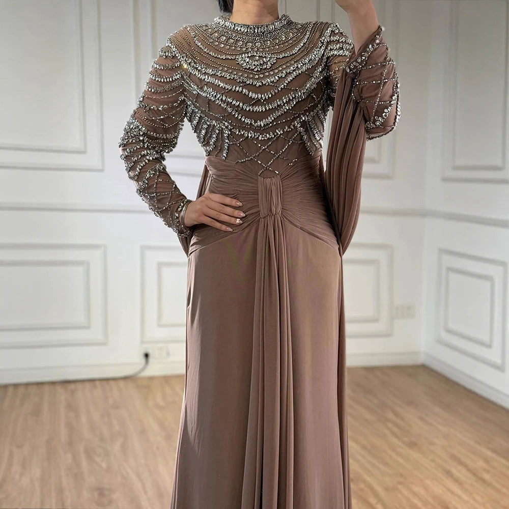 Luxury Designer Modest Brown Stretch Material Mermaid Evening Dress LA72993