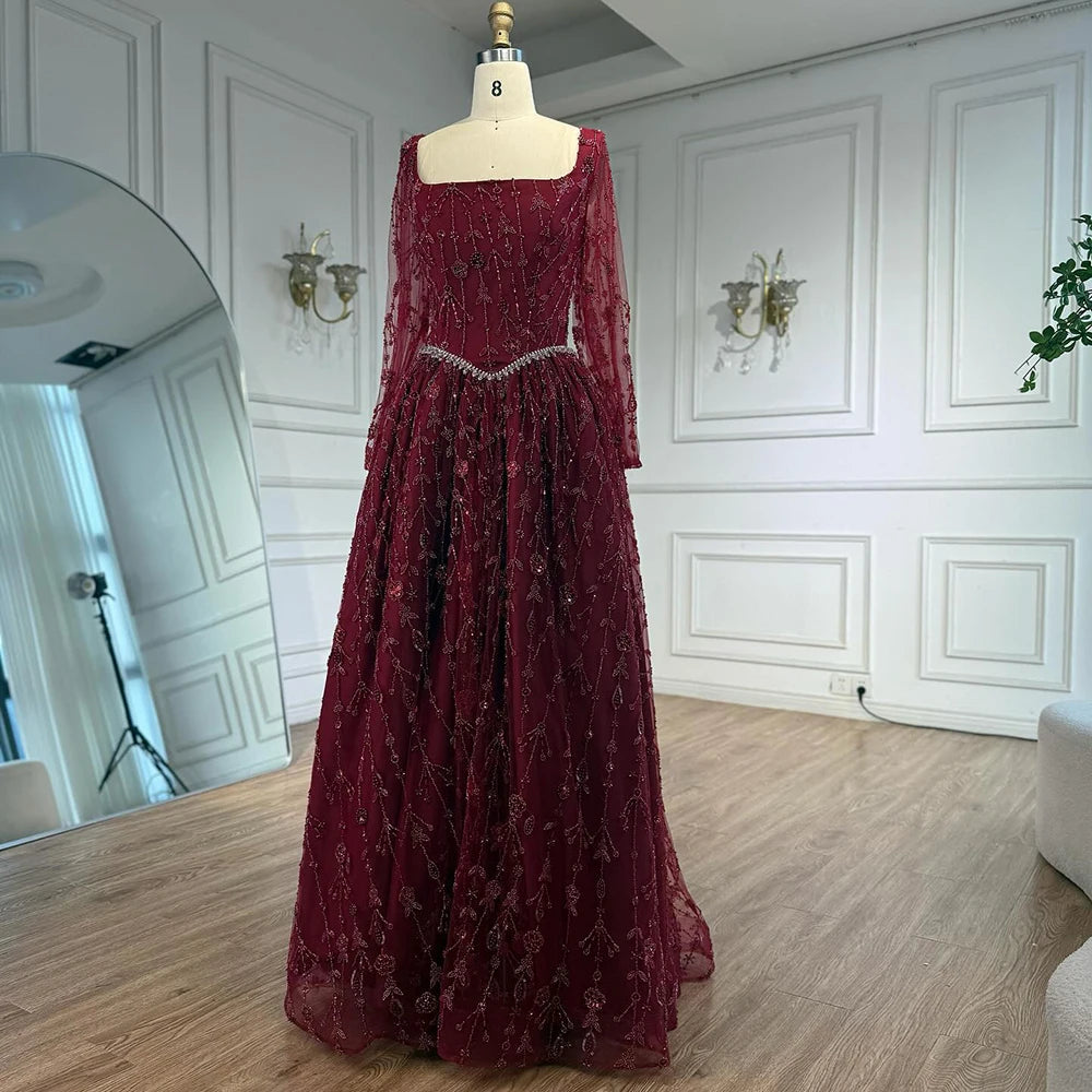 שמלת ערב יוקרתית בצבע ירוק מרווה עם חרוזים ושרוולים ארוכים LA72805B 