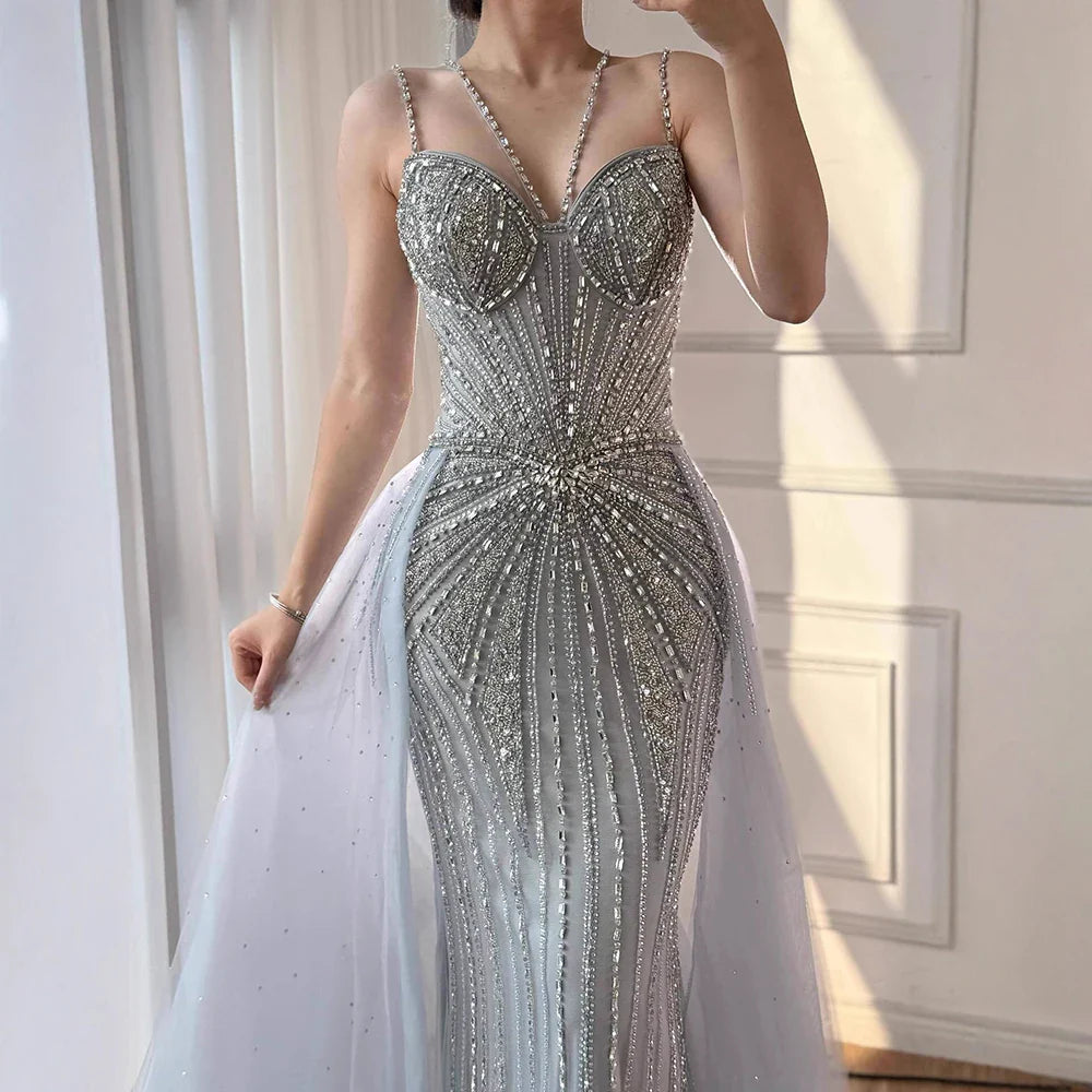 Luxury Nude Spaghetti Strap Mermaid Evening Dress with Overskirt Beaded LA73090A