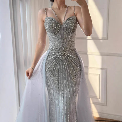 Luxury Nude Spaghetti Strap Mermaid Evening Dress with Overskirt Beaded LA73090A