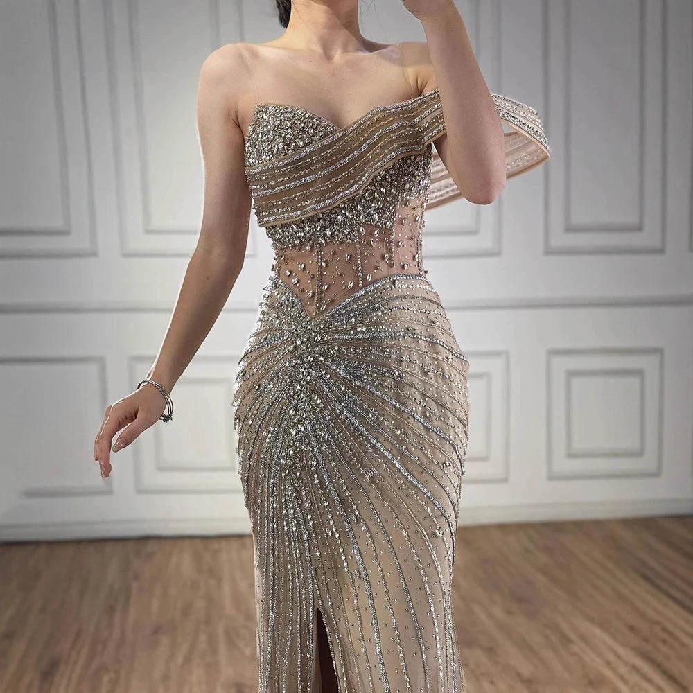 Luxury Pink Crystal One Shoulder Beaded Evening Dress Split LA73197