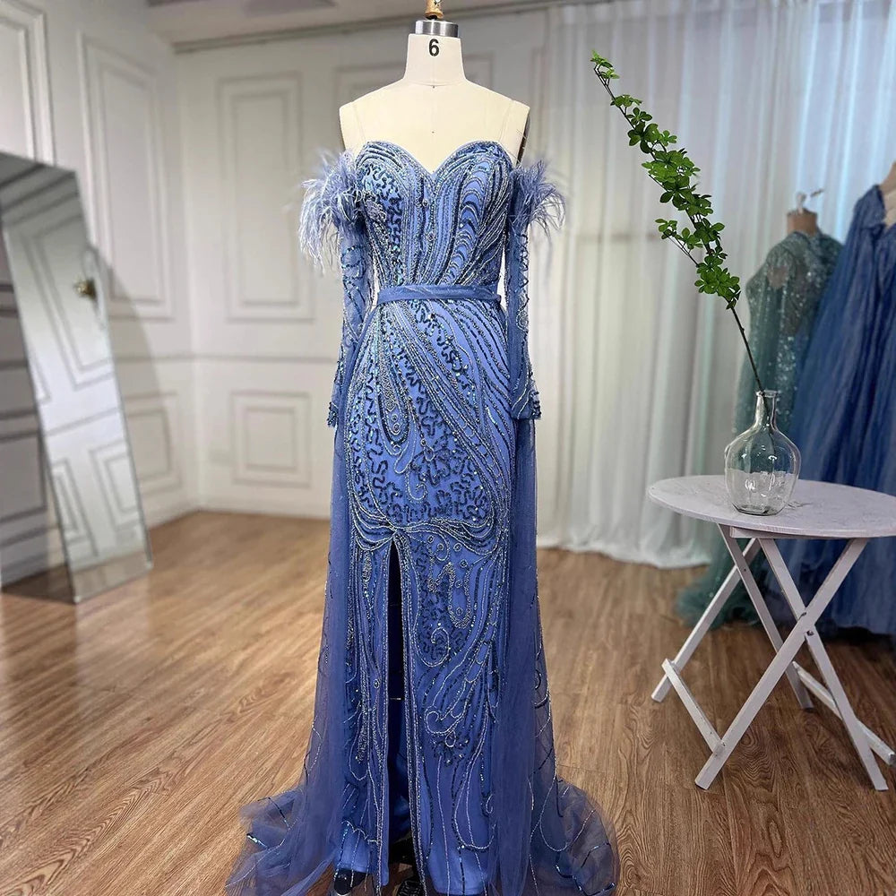 Luxury Arabic Nude Mermaid High Split Feather Beaded Evening Dress LA71910