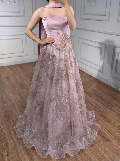 Luxury Pink Two Pieces A-Line Evening Dress with Cape LA73415