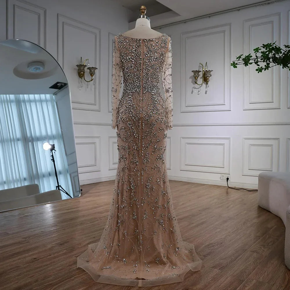 Luxury Nude Beaded Crystal Mermaid Evening Dress with Long Sleeves LA73042