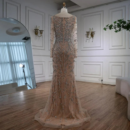 Luxury Nude Beaded Crystal Mermaid Evening Dress with Long Sleeves LA73042