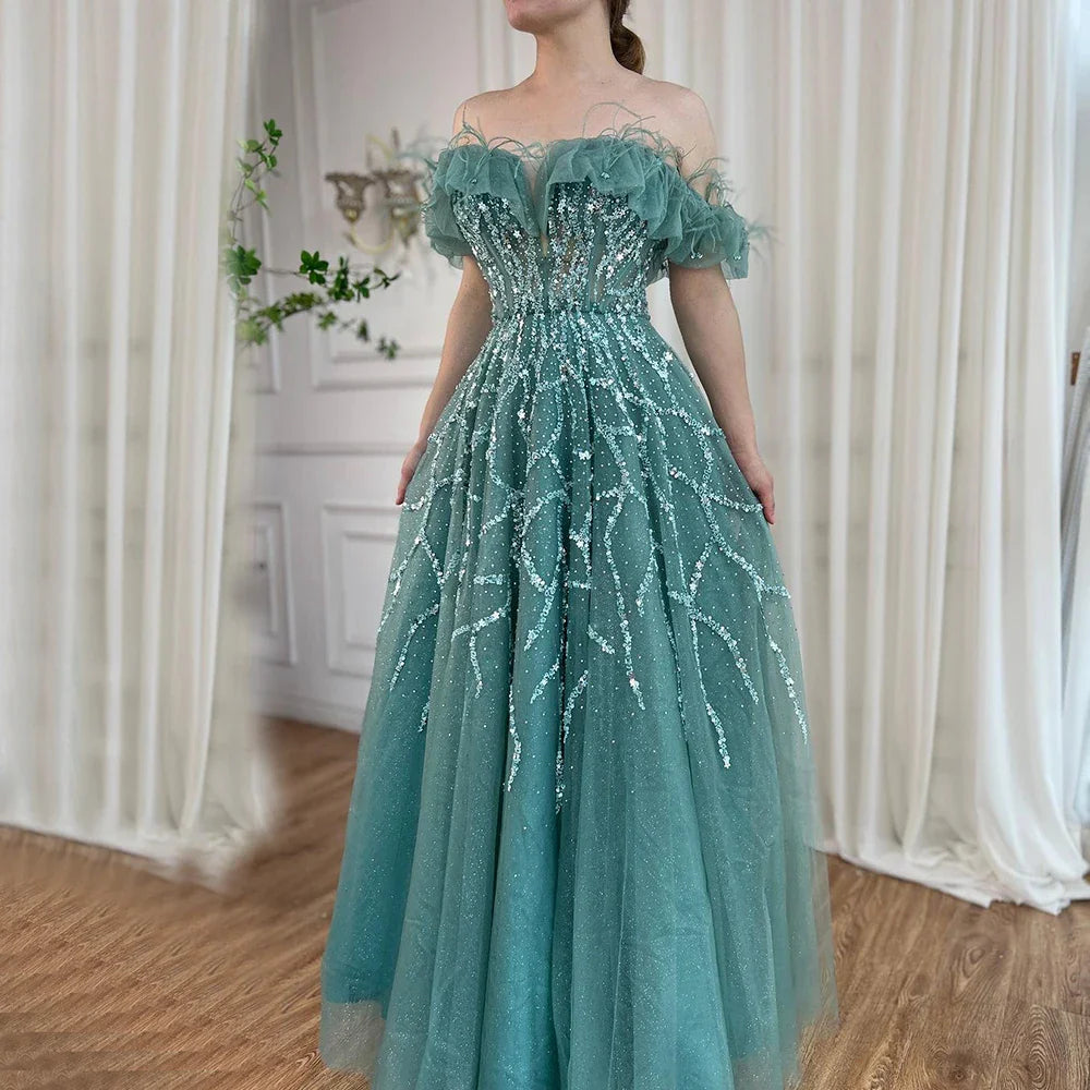 Luxury Turquoise Beaded Feather A Line Evening Dress LA71328