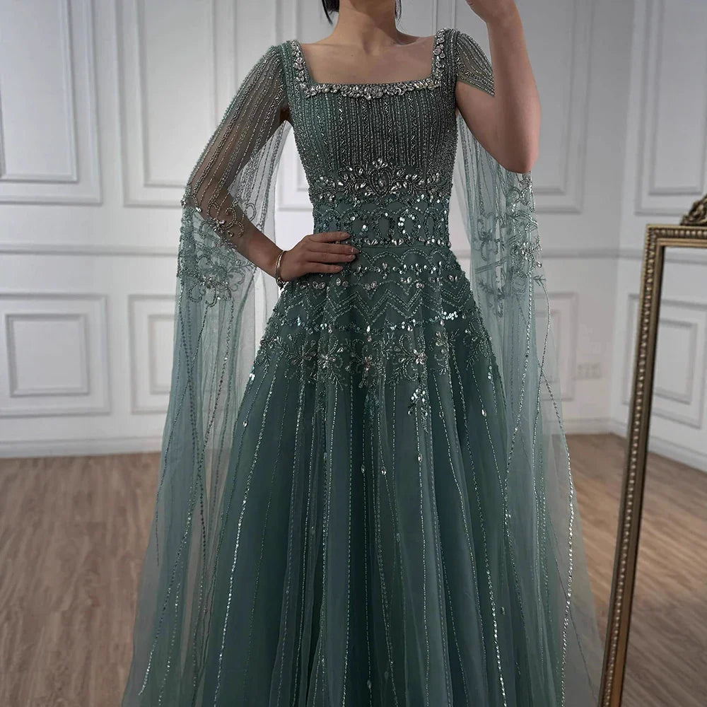 Luxury Caramel A-Line Beaded Evening Dress with Cape Sleeves LA73089A