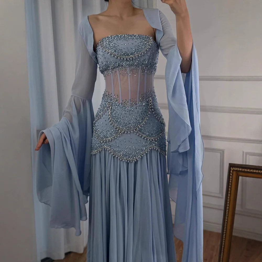 Luxury Blue Evening Dress with Pearls Tassels and Flowing Coat LA72978A