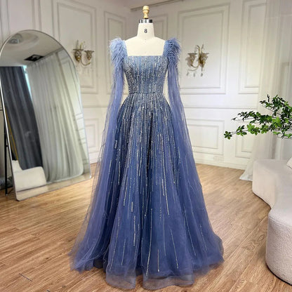 Blue Luxury Feathers Arabic Evening Dresses with Cape LA72236