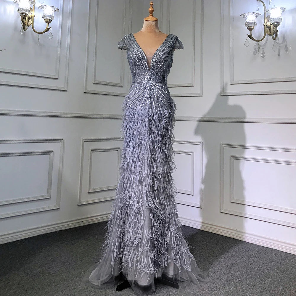 Luxury  Brown Mermaid Elegant Beaded Evening Dress Gown with Feathers LA70801