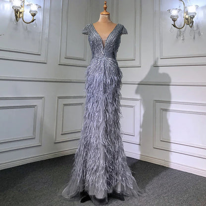 Luxury  Brown Mermaid Elegant Beaded Evening Dress Gown with Feathers LA70801