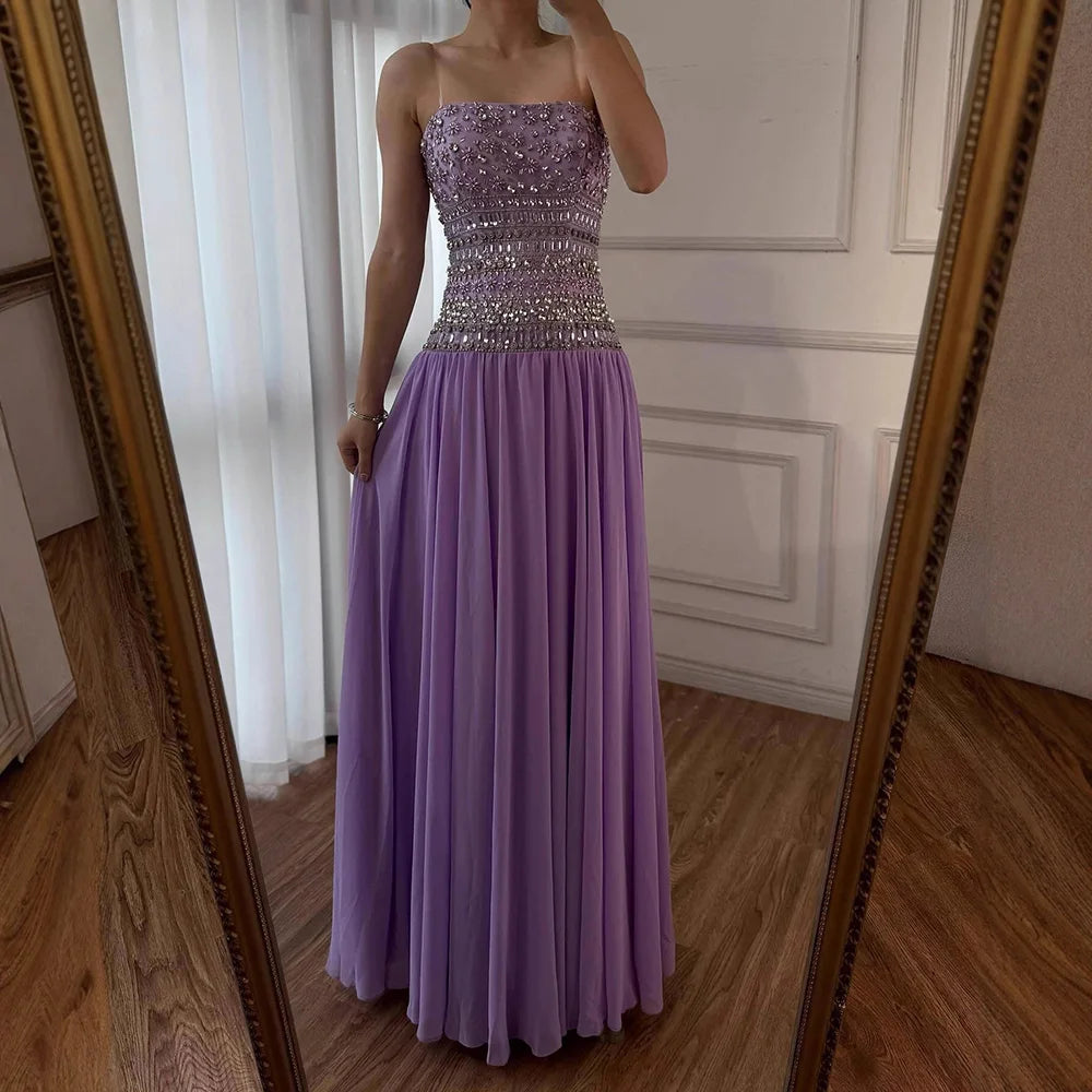 Lilac Strapless Beaded A Line Arabic Evening Dress LA73044