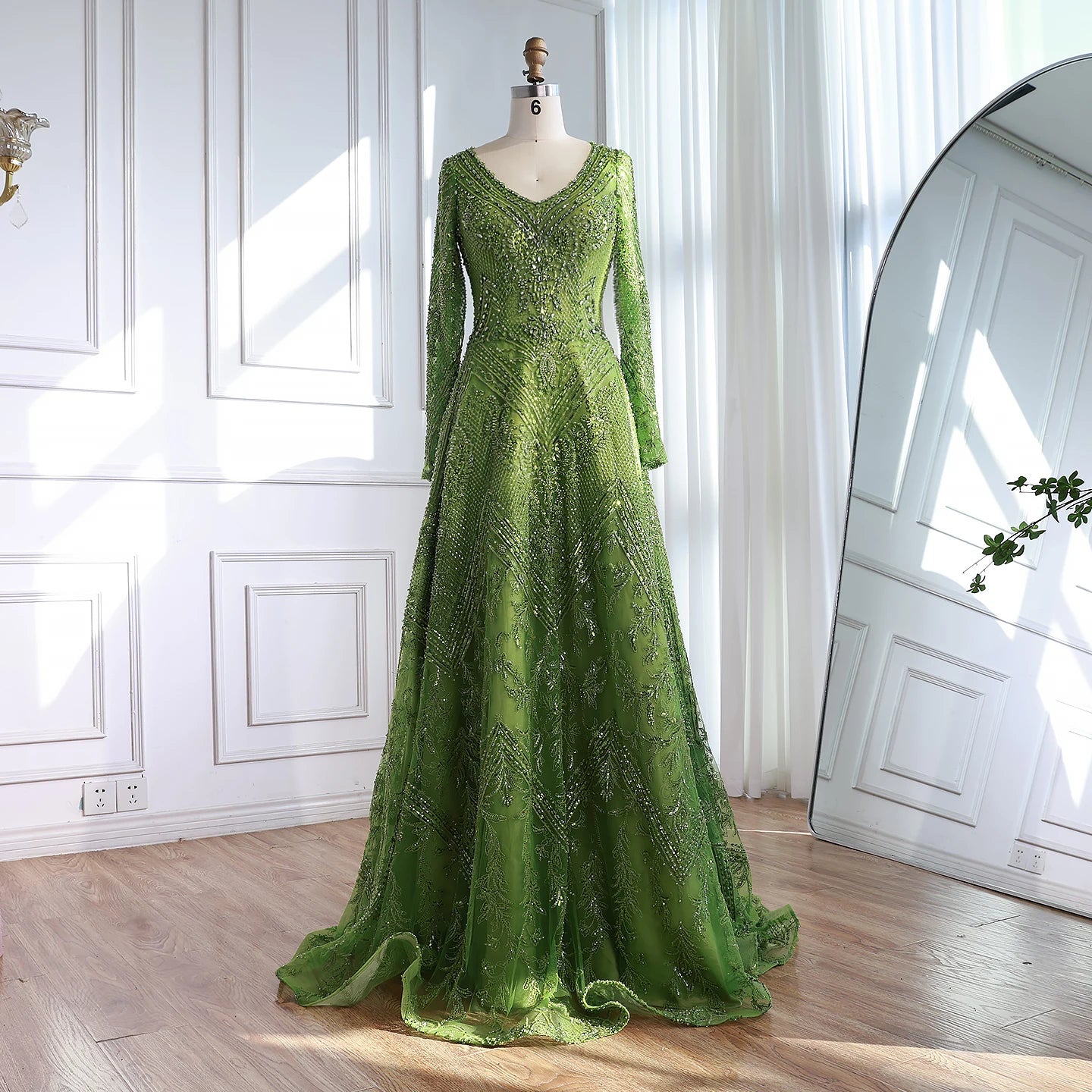 Luxury Lime Green Lace Beaded Long Sleeve Evening Dress LA73324