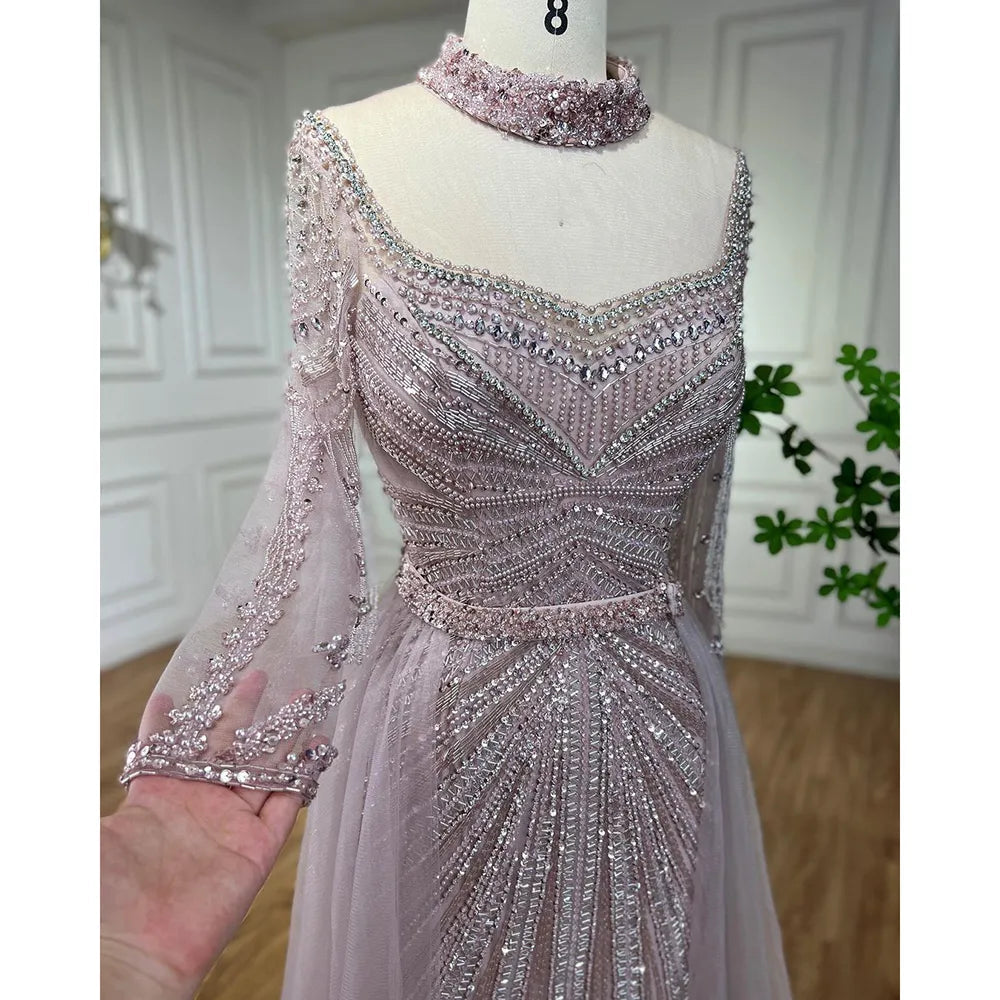Luxury Nude Muslim Beaded Tassel Mermaid Evening Wedding Party Dresses LA71533