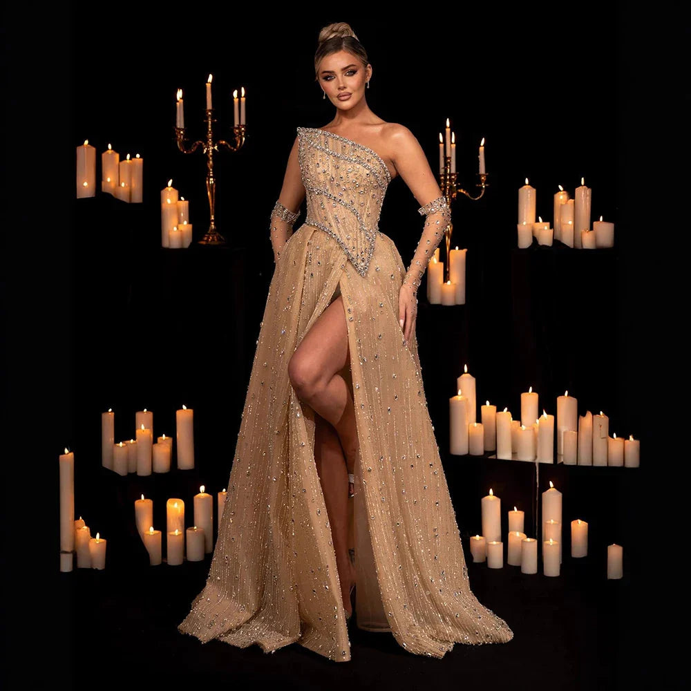 Luxury Nude Crystal Beaded A-Line Evening Dress with Split LA72949