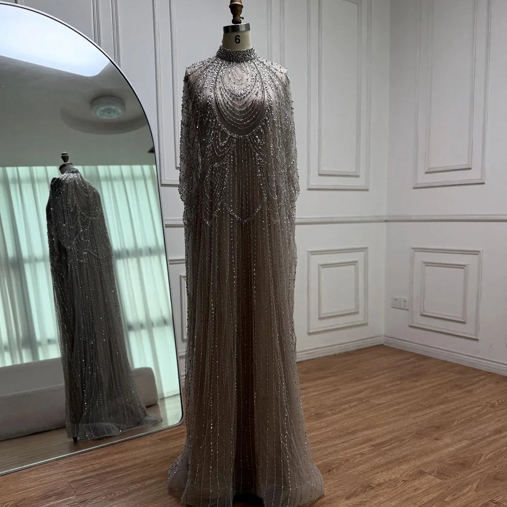 Luxury Silver Nude Beaded Mermaid Evening Dress with Cape LA72484A