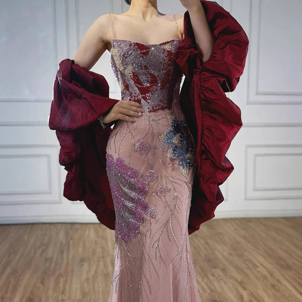 Luxury Designer Dreamy Pink Evening Dress With Cape Sleeves LA72850